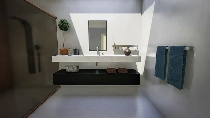 长方形、黑色、木制、镶框、镜子、墙壁、浴室、现代