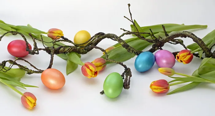 各种颜色的花, 珠饰, 鸡蛋, 颜色, 煮熟的, 复活节, 装饰, 郁金香