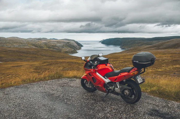 红色运动自行车, 摩托车, 挪威, nordkapp 市, 车辆, 运输, 峡湾, vfr 800