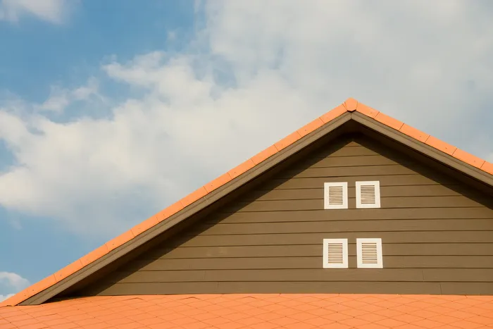 多云天气下的橙色和灰色油漆屋顶