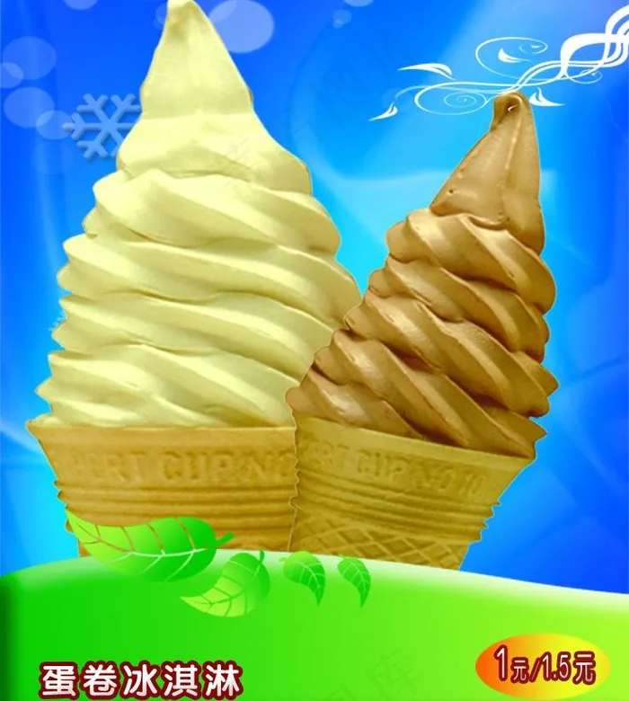冰淇淋 蓝色背景 花边 绿叶 蛋卷冰淇淋图片
