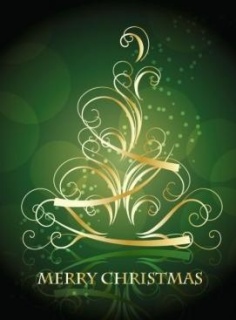 金色的旋转的圣诞树和墨绿色的背景