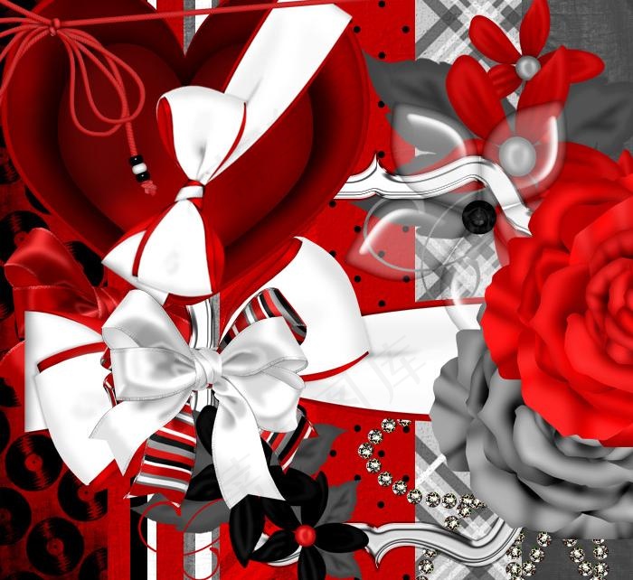 花朵缎带蝴蝶结红白黑图片psd模版下载