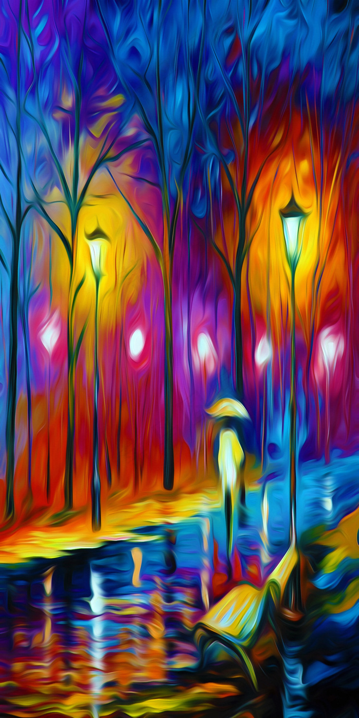 路灯雨夜归路欧式油画风景酒吧家居玄