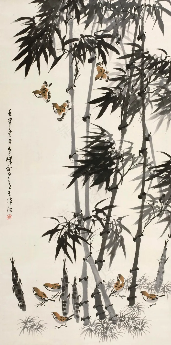 竹鸟图 国画