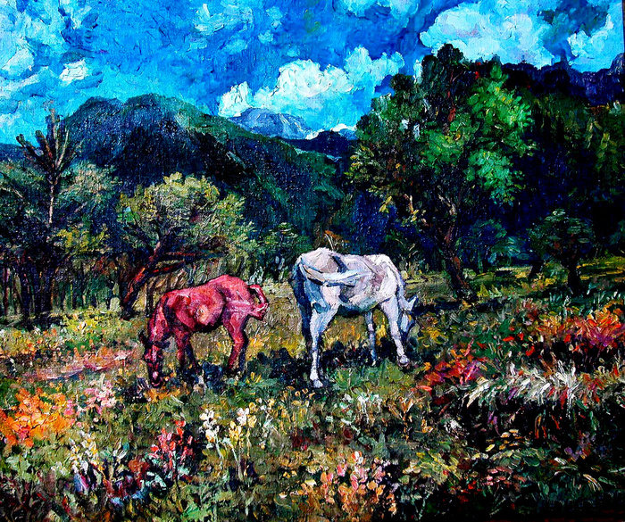 吃草的马风景油画图片