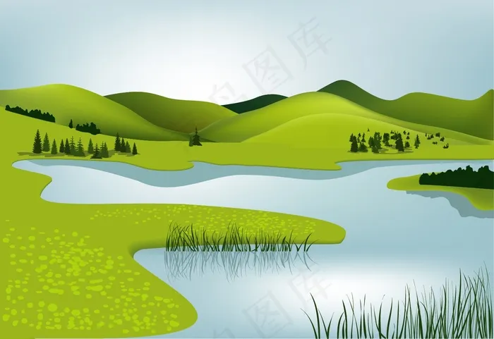 绿地山峰湖水矢量图