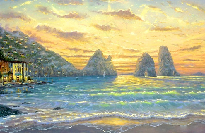油画海景日出图片