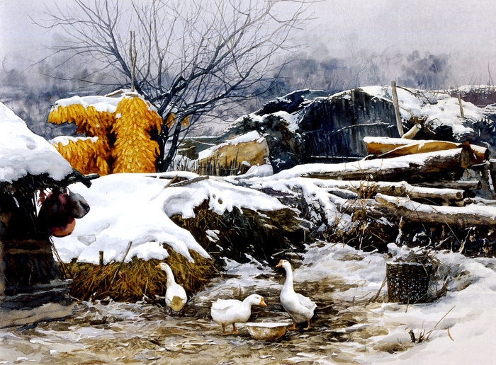 冬天的乡村风景油画