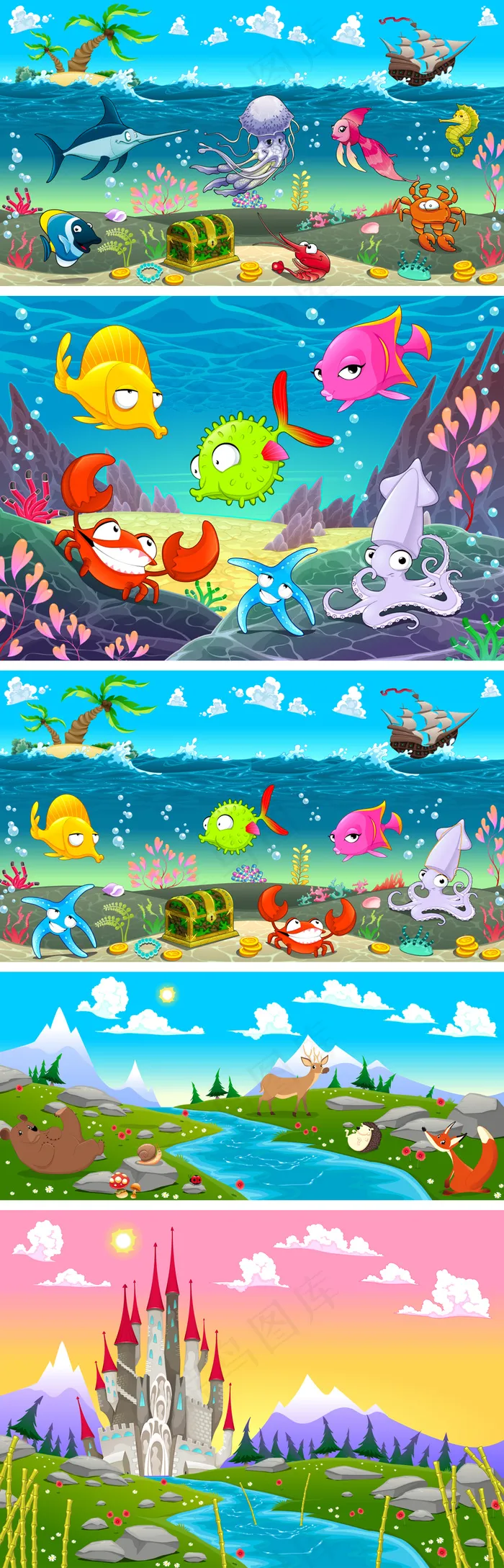 卡通童话森林海底动物矢量设计