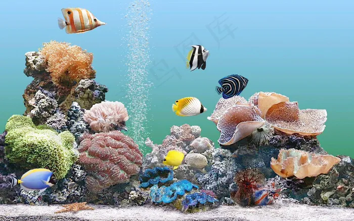 欧式现代海底世界鱼儿珊瑚水泡石头背...