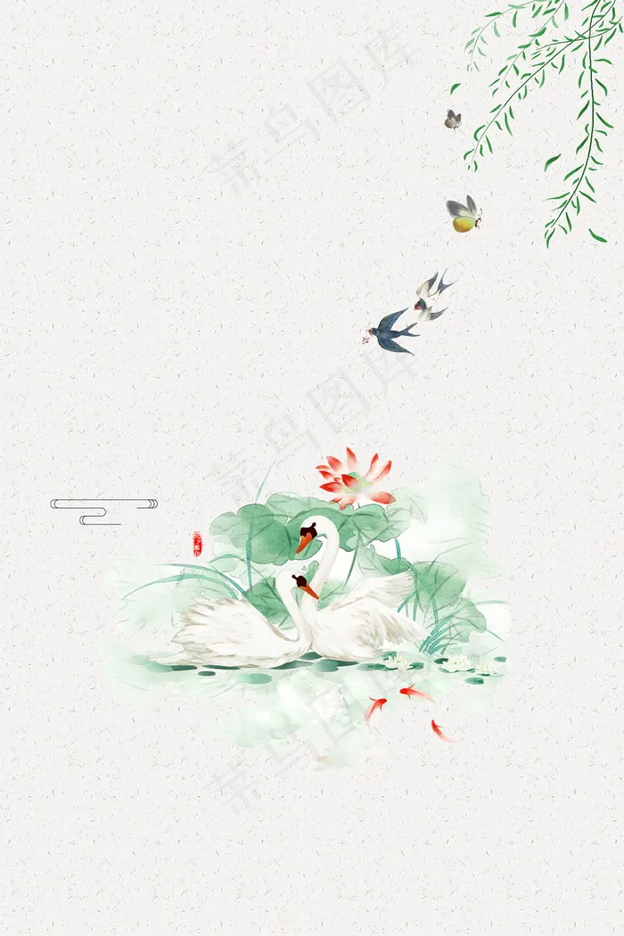彩绘荷塘鸭子叶子海报背景设计