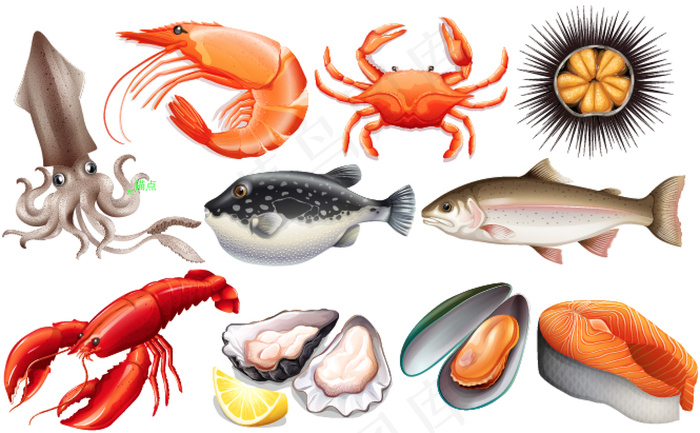 2017矢量写实风海鲜鱼虾螃蟹龙虾