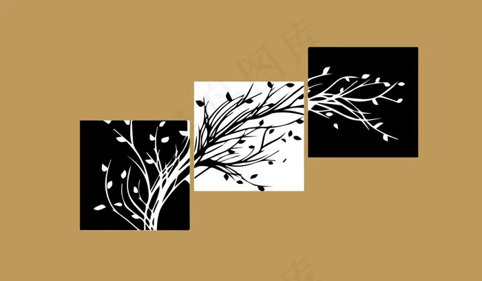 幸福树 树 植物 树叶 黑白画 装饰画 装饰 矢量 无框装饰画 三格装饰画