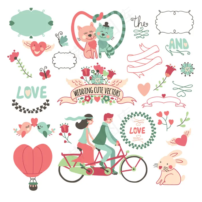 卡通单车爱情情侣猫分层插画