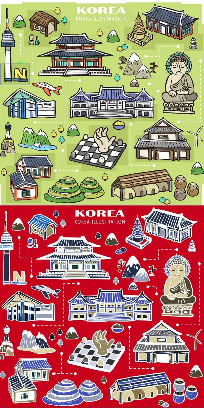 韩国旅游时尚手绘地图韩国景点元素矢...