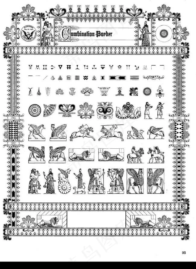 欧式黑白线描贵族神话人物与花纹