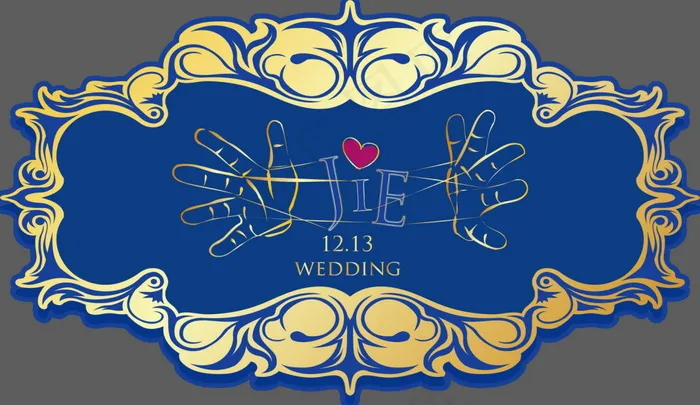蓝色 金色边框婚礼主题logo设计