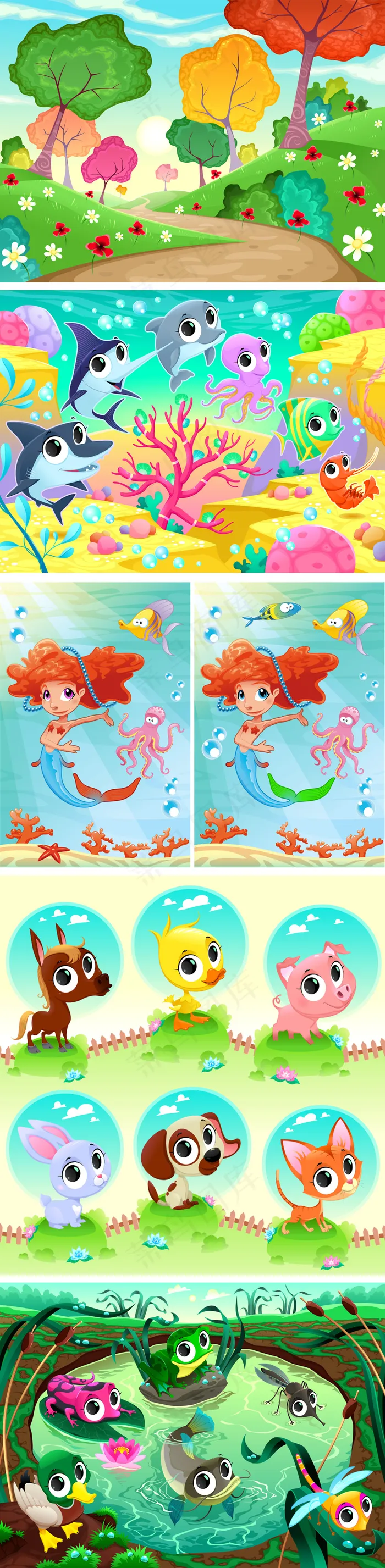 卡通童话森林海底动物矢量集合