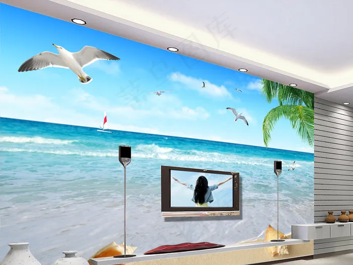 椰树海鸥海景电视沙发背景墙