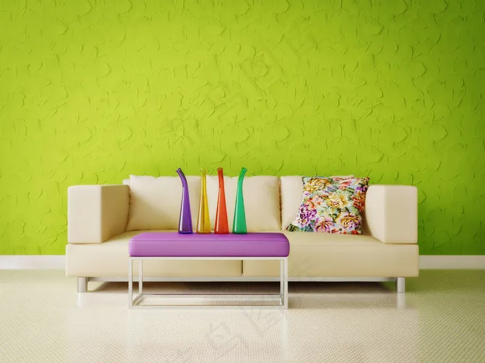绿色沙发背景墙与茶几