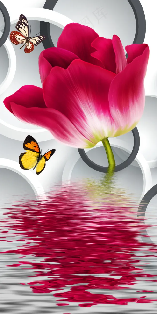水面倒影花朵蝴蝶玄关背景墙3402x6803dpi72psd模版下载