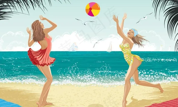 夏日沙滩玩皮球的美女图片
