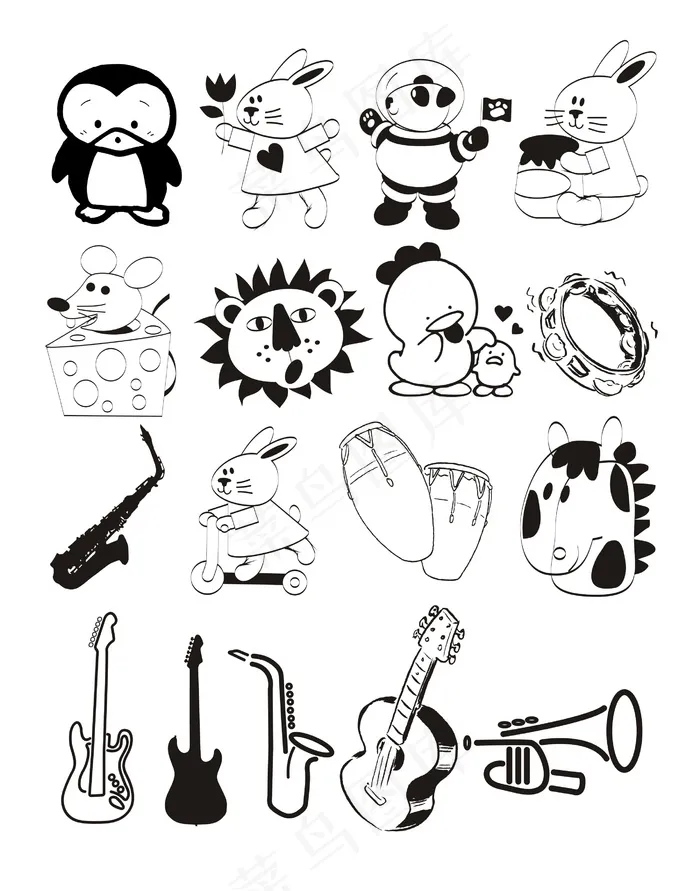 卡通动物简笔画插画音乐器材