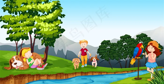 草公小河和动物玩的儿童图片