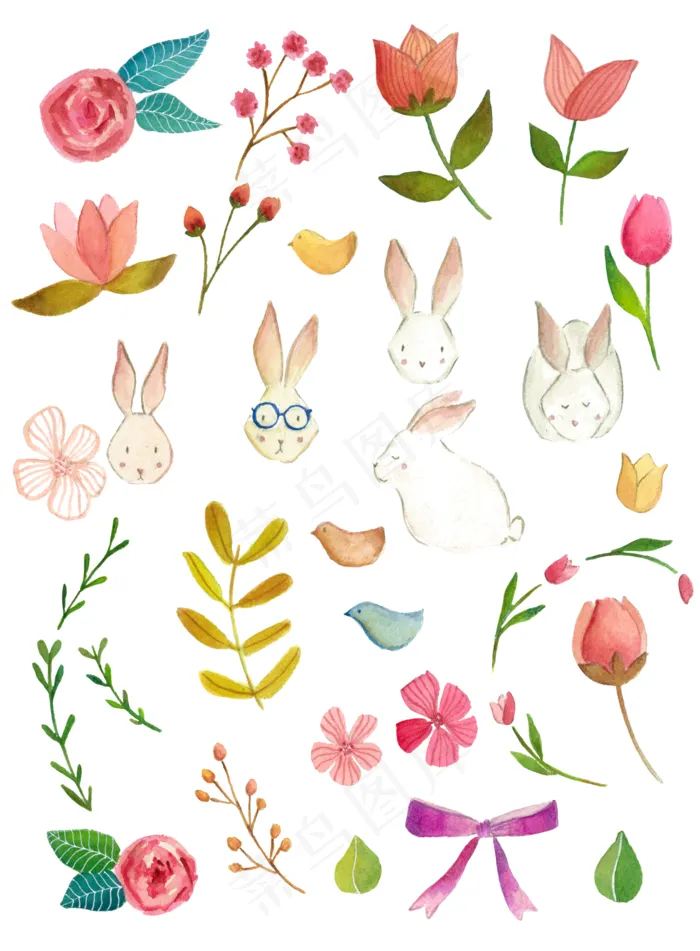 水彩卡通兔子花朵png图片