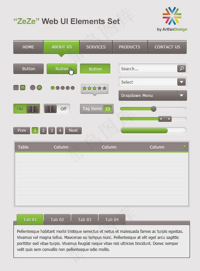 灰色和绿色网页UI设计PSD分层素...