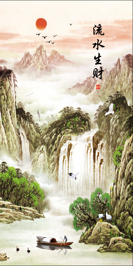 流水生财山水风景画客厅装饰画玄关背