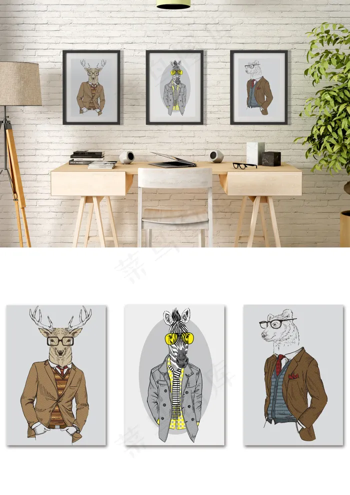 北欧简约绅士动物画书房客厅装饰画