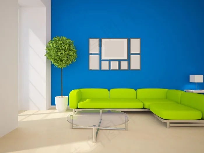 绿色沙发与背景墙
