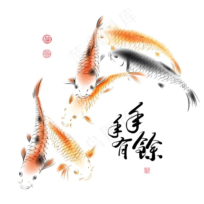 中国水墨画矢量鲤鱼