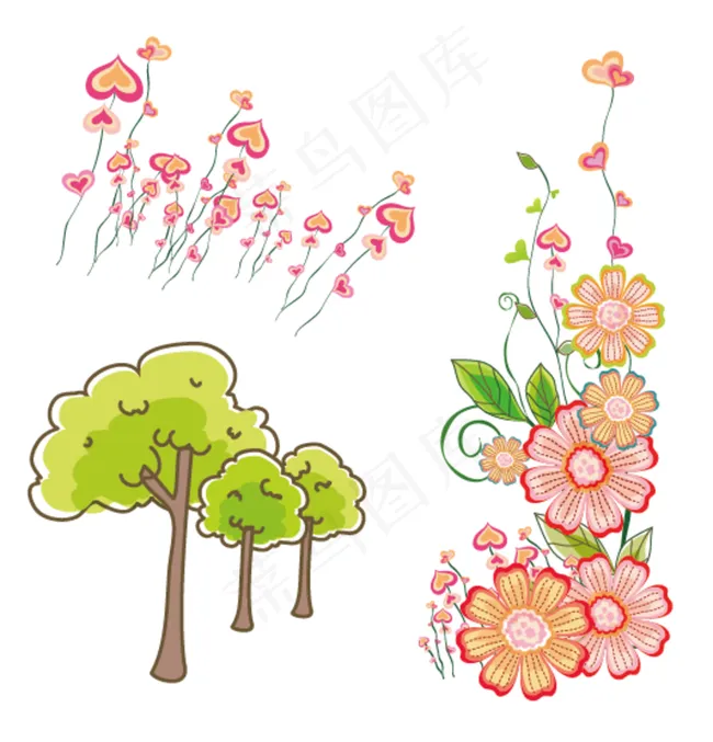 卡通树木 花朵 心形图片