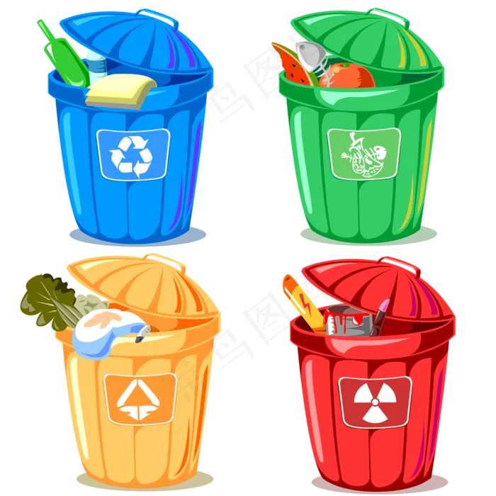 四色卡通环保分类垃圾桶图标四色卡通环保分类垃圾桶图标