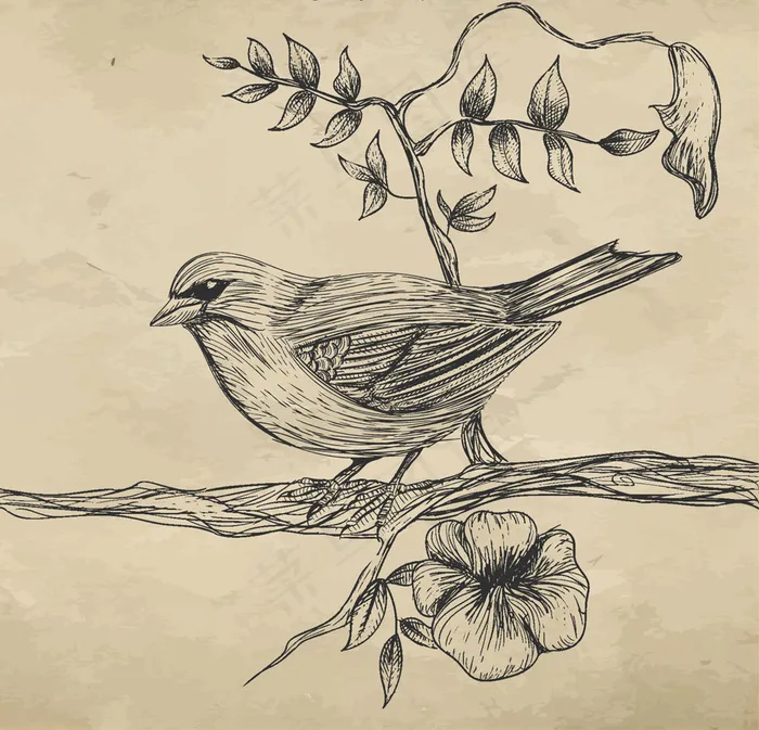 手绘素描素材鸟麻雀