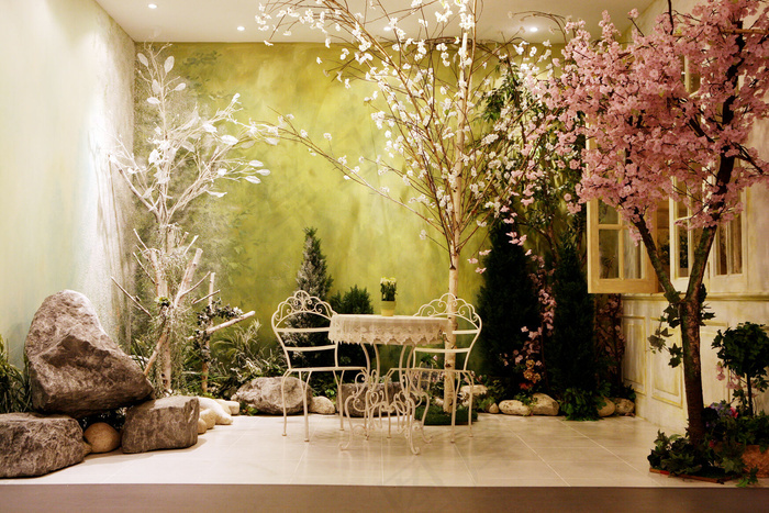 室内植物石头桌椅影楼摄影背景图片