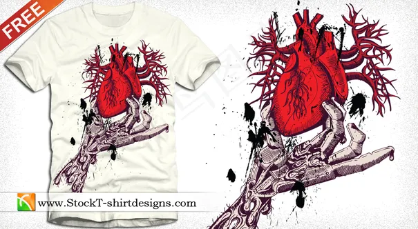 骨架手拿着红色的心与免费的T恤设计...