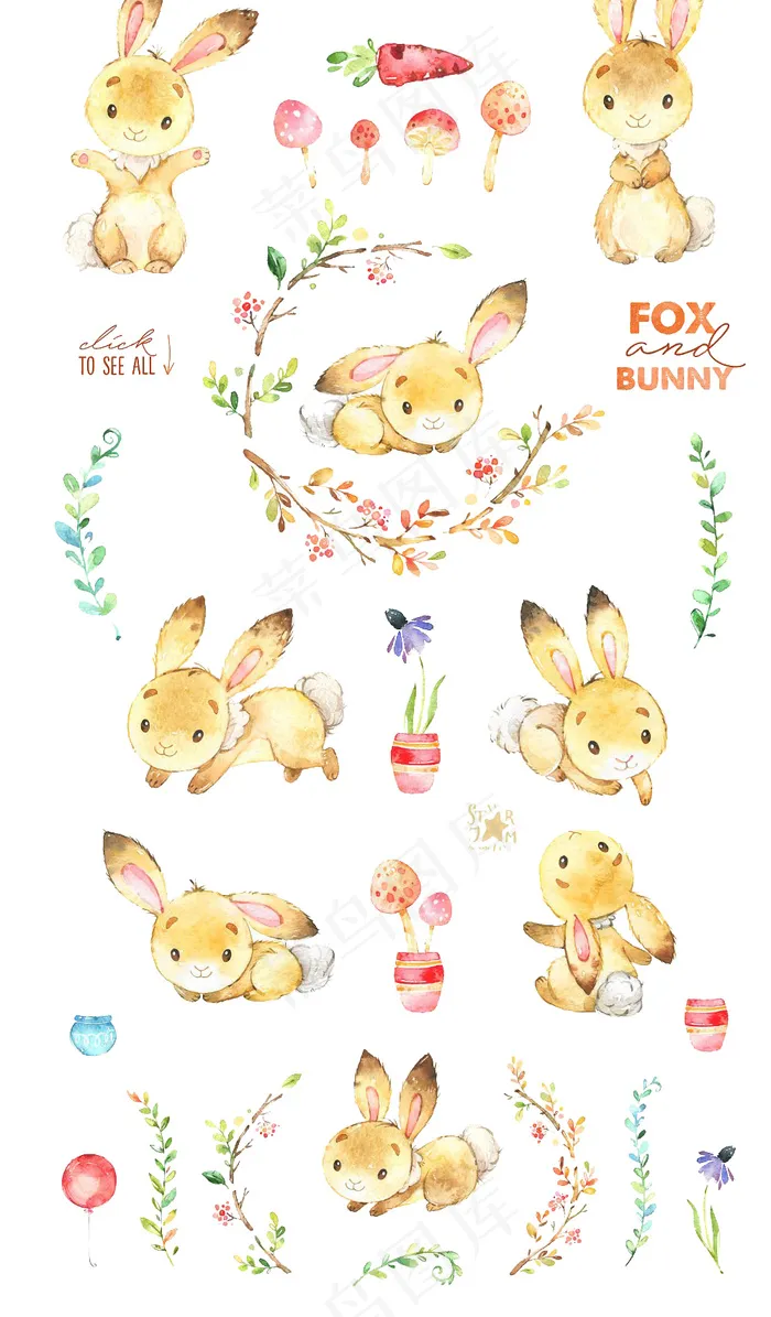唯美风格手绘卡通小动物海报背景兔子...