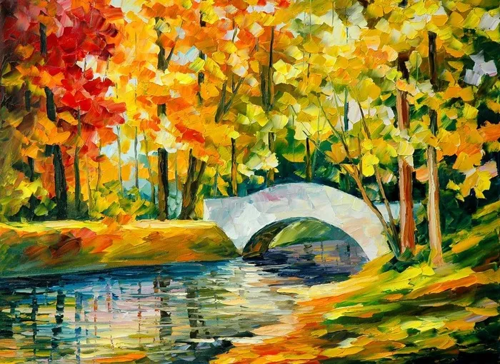 油画 秋天的小桥图片