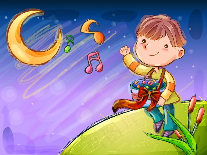 童年卡通插画对月亮唱歌的小男孩