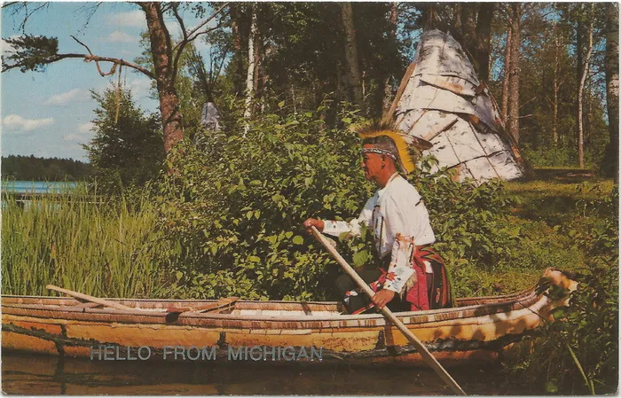 轮船,油画,树,木舟,木船,美国原住民印第安人美国美洲印第安人英俊的男性印第安部落成员伟大的木独木舟和稀有白桦树皮圆锥形帐篷部落未知GR布朗
