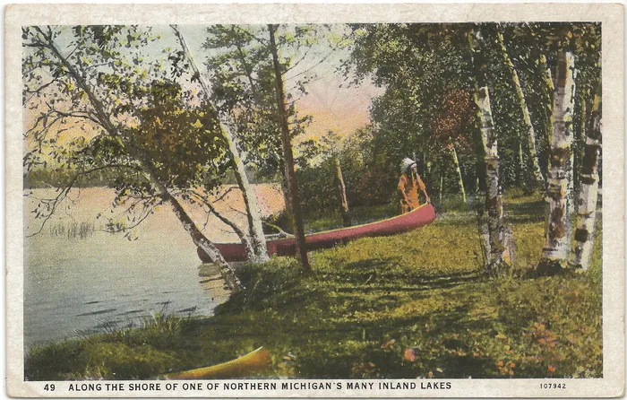 油画,湖泊,图画,树,生态林,美国原住民印第安人美国美国人Petoskey Bayview MI 1934密歇根州独木舟研究摄影师不知名的奥尔顿·库克夫人107942