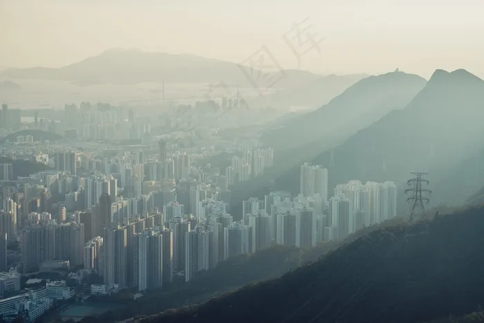 空中，建筑物，繁忙，城市，城市景观，市中心，香港，景观，山，风景，摩天大楼，烟雾，郊区，旅游，视图
