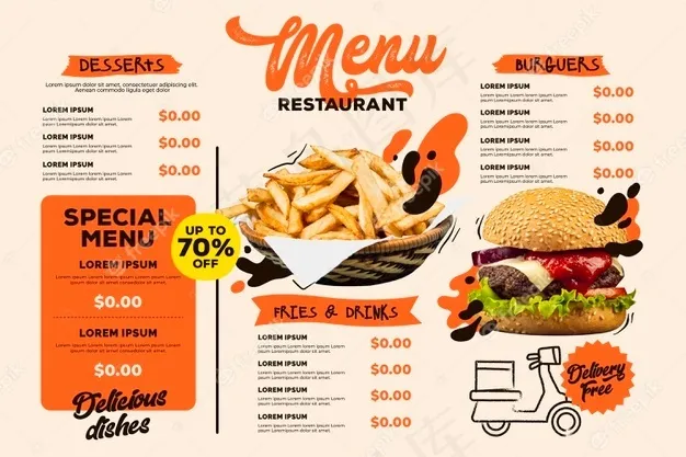 带汉堡和薯条的数字餐厅菜单水平格式模板