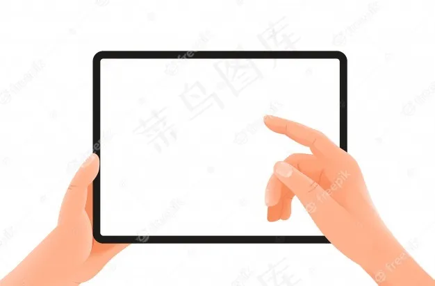 手里拿着平板电脑。用手指按按钮。白色隔离矢量模型样机