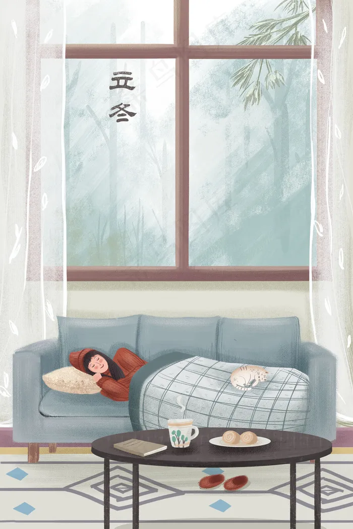 立冬女孩猫咪睡午觉休闲手绘风格