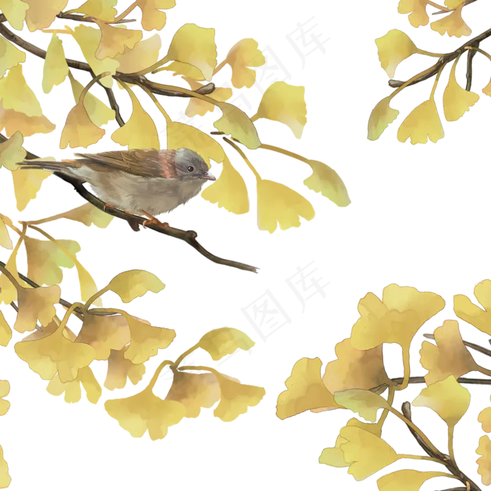 秋季风景金色银杏树林雀鸟工笔复,免抠元素
